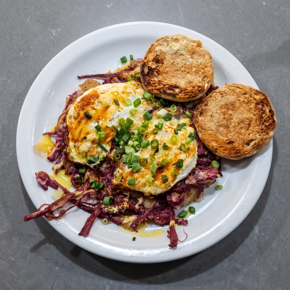 Plate of fried eggs topped with scallions and sauce, served over shredded purple cabbage with toasted bread rolls.