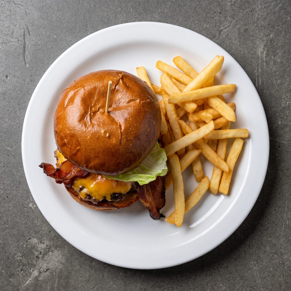 Overhead view of a bacon cheeseburger with lettuce and fries on a white plate.