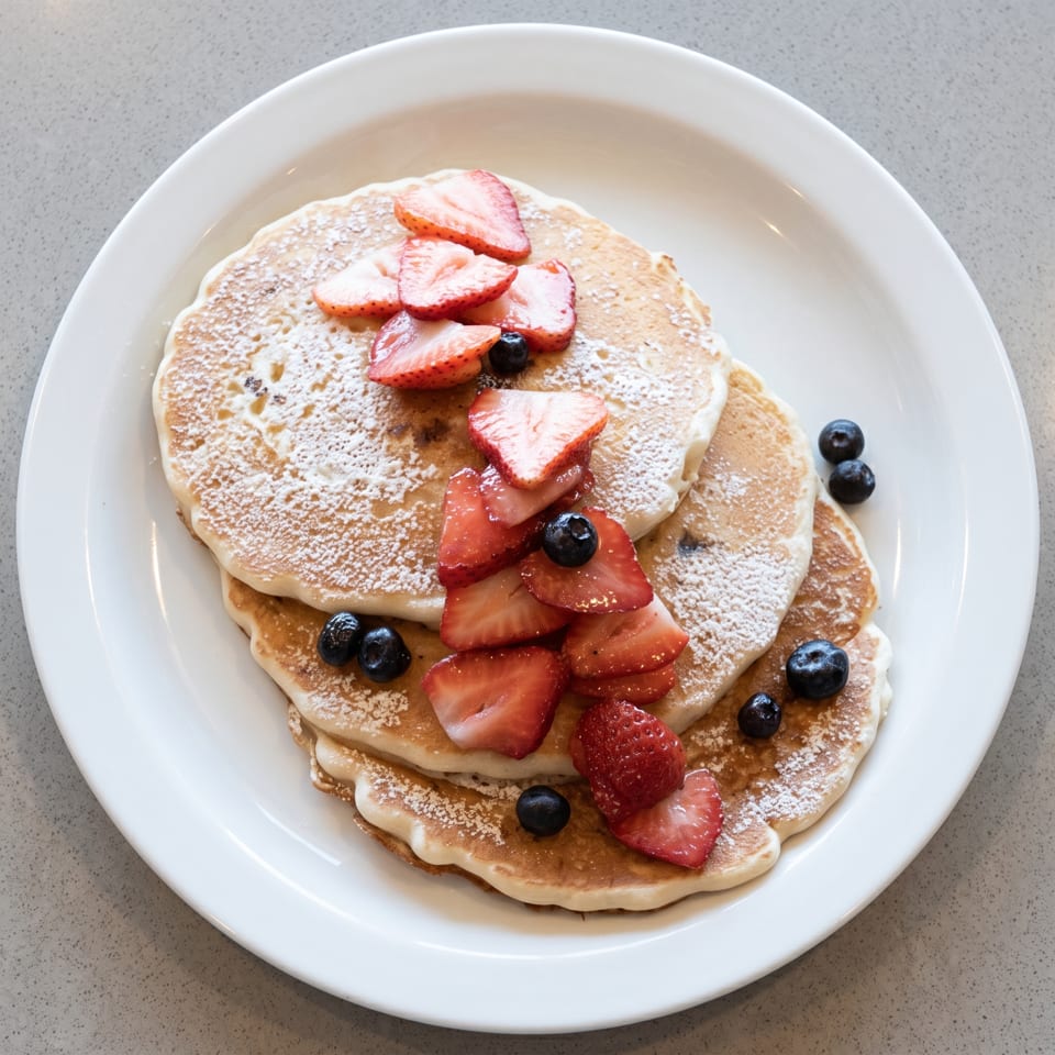 Stack of pancakes dusted with powdered sugar and topped with sliced strawberries and blueberries on a white plate.