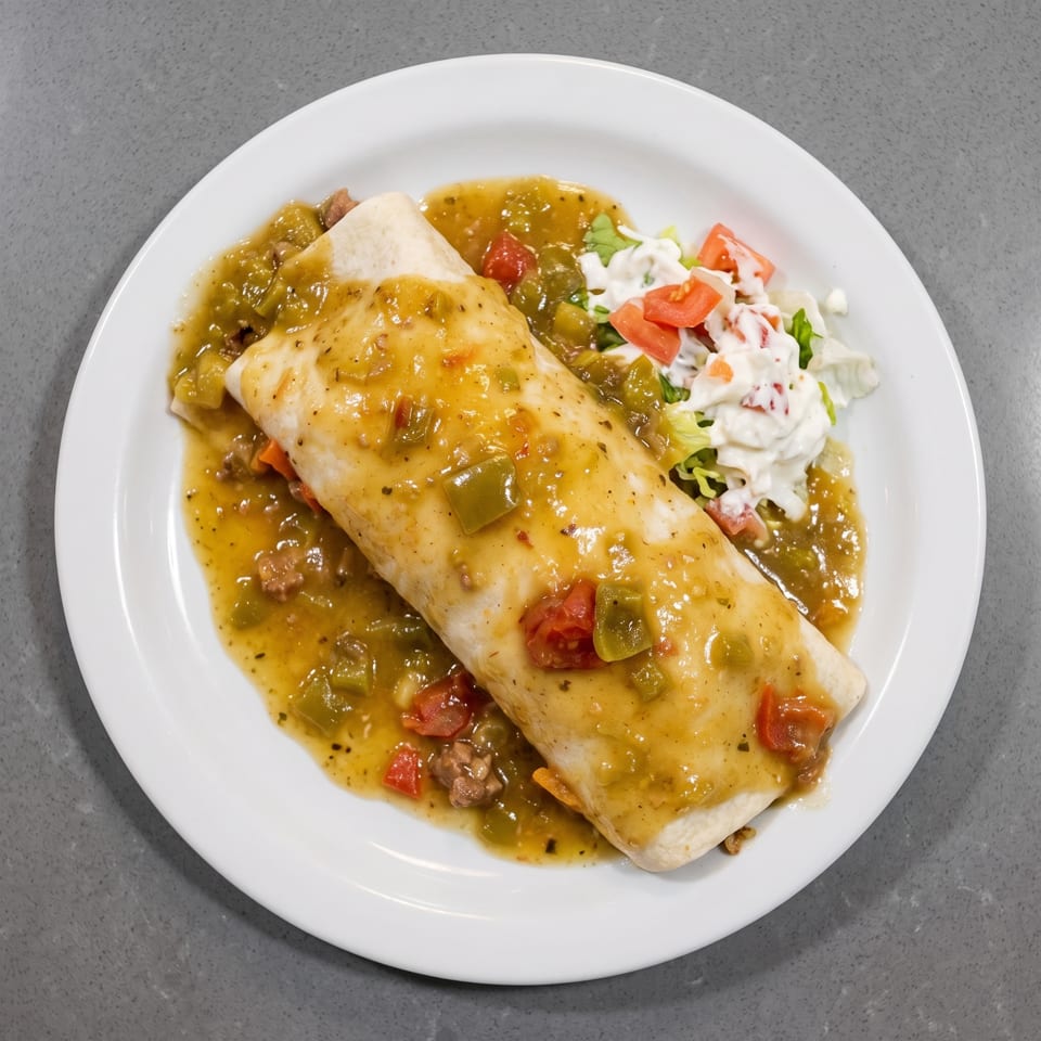 A large burrito covered in green chili sauce, served with a side salad on a white plate.